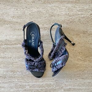 Vintage Chanel Ruffle Bow CC Slingback Sandal Heels